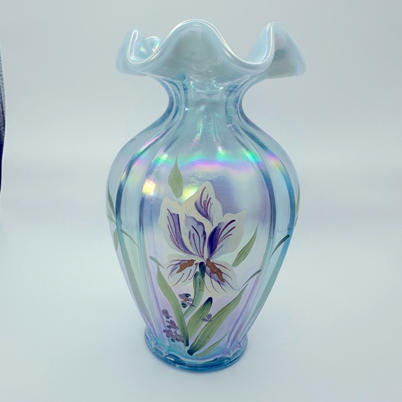 Fenton Irises on Mist Blue Satin Iridescent Opalescent Hand Painted Aurora Vase - Picture 1 of 7